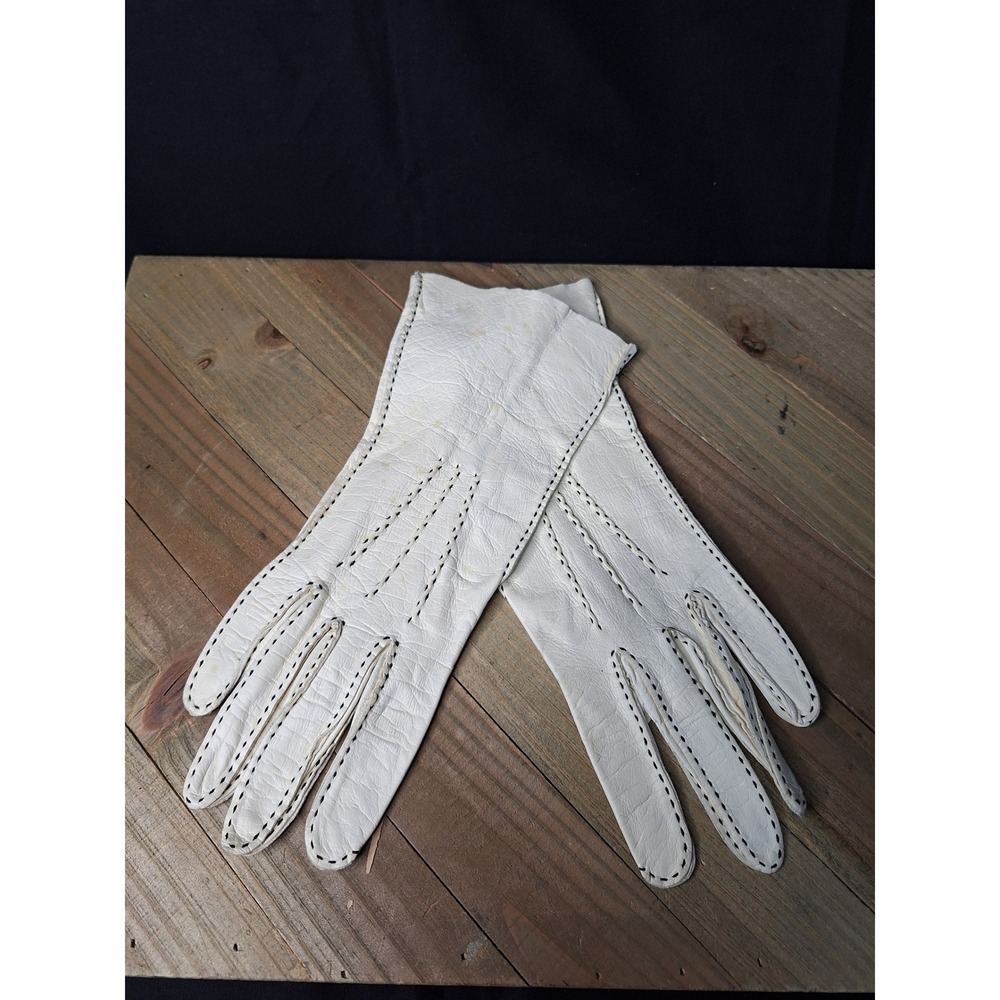 Vintage Tailored Gloves Gloversville NY White Leather Black Whipstitch Size 7